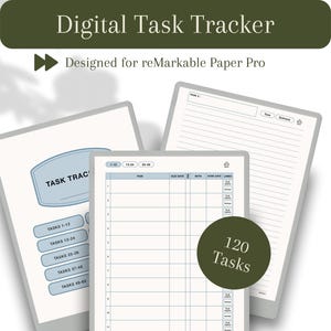 Op de afbeelding: Een digitale takenvolgsjabloon voor reMarkable Paper Pro met drie schermweergaven. De lay-out bevat een takenlijst met kolommen voor taak, vervaldatum en status, naast navigatieknoppen met het label Tasks 1-12, 13-24, 25-36, 37-48, 49-60.