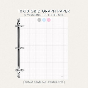 May include: White 10x10 grid graph paper in a binder. The paper is US Letter size and has a light gray grid pattern. The text on the image reads "10X10 GRID GRAPH PAPER" and "6 VERSIONS • US LETTER SIZE". The bottom of the image reads "INSTANT DOWNLOAD • PRINTABLE PDF".
