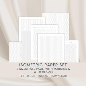 May include: A set of seven white isometric grid paper sheets in various sizes. The paper has a light gray grid pattern and includes margins and headers. The text at the bottom reads "ISOMETRIC PAPER SET" and "LETTER SIZE".