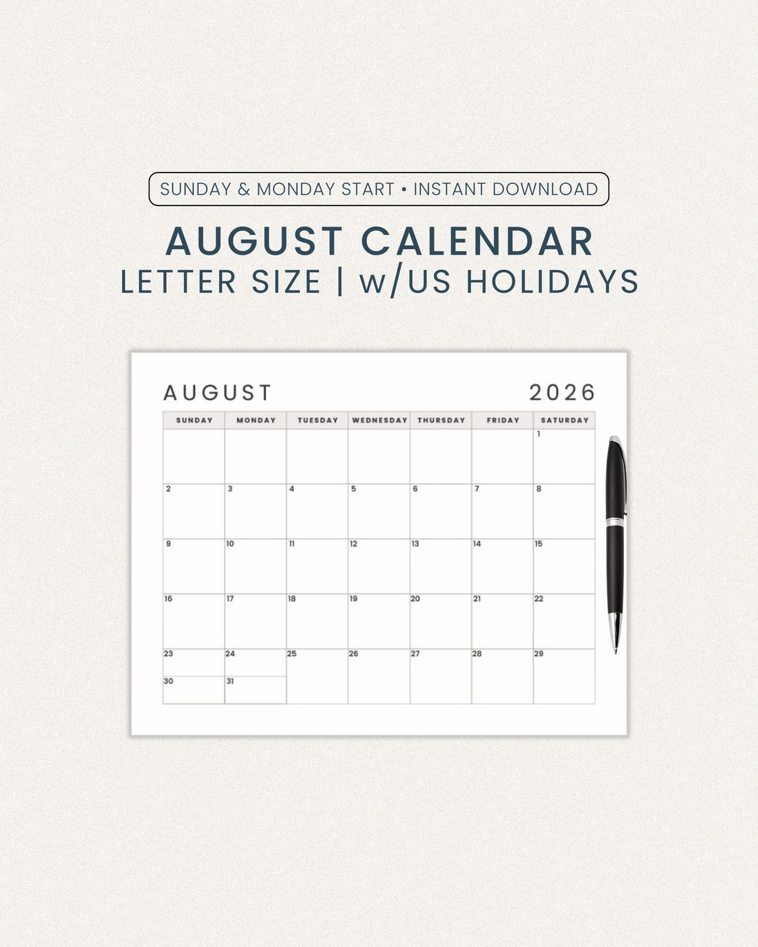 August Calendar 2026 | Sunday Monday Start | Letter Size Printable PDF ...