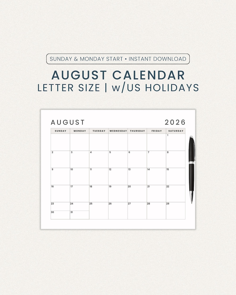 August Calendar 2026 | Sunday Monday Start | Letter Size Printable PDF ...