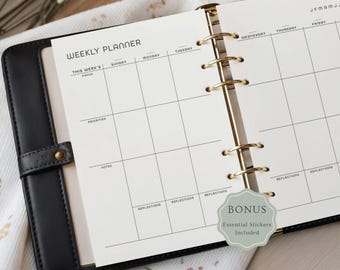 Minimalist Weekly Planner Undated 2 Page Spread with Bonus Stickers Sunday Monday Start PDF