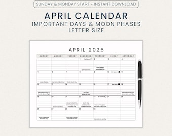 April Calendar 2026 with Important Days and Moon Phases | Letter Size Printable PDF