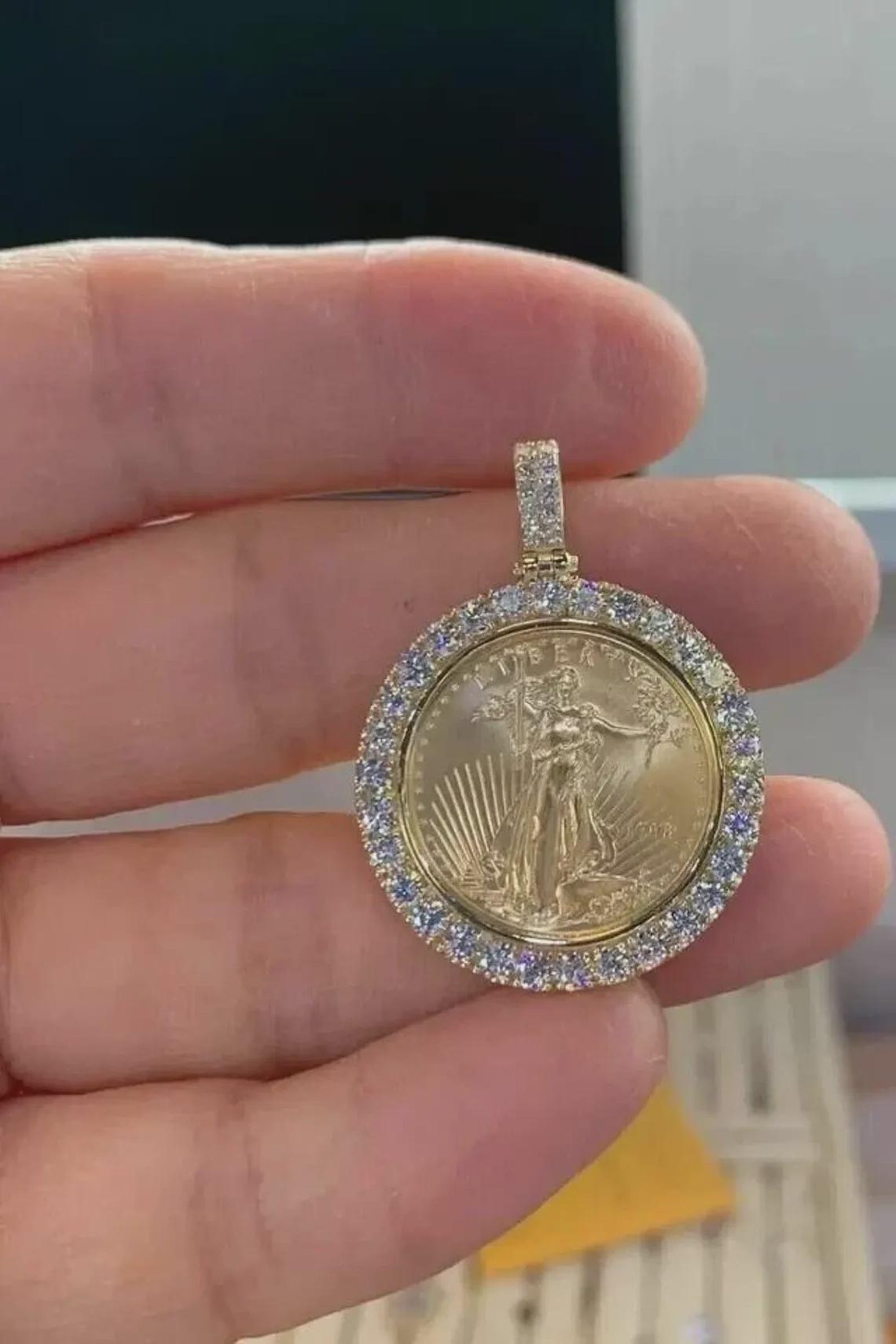 4ct Lab Diamond Liberty Coin Pendant, 14K Yellow Gold Sterling Silver ...