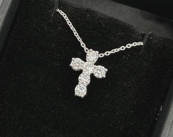 Moissanite Cross Pendant Necklace: 14k Gold Plated Sterling Silver
