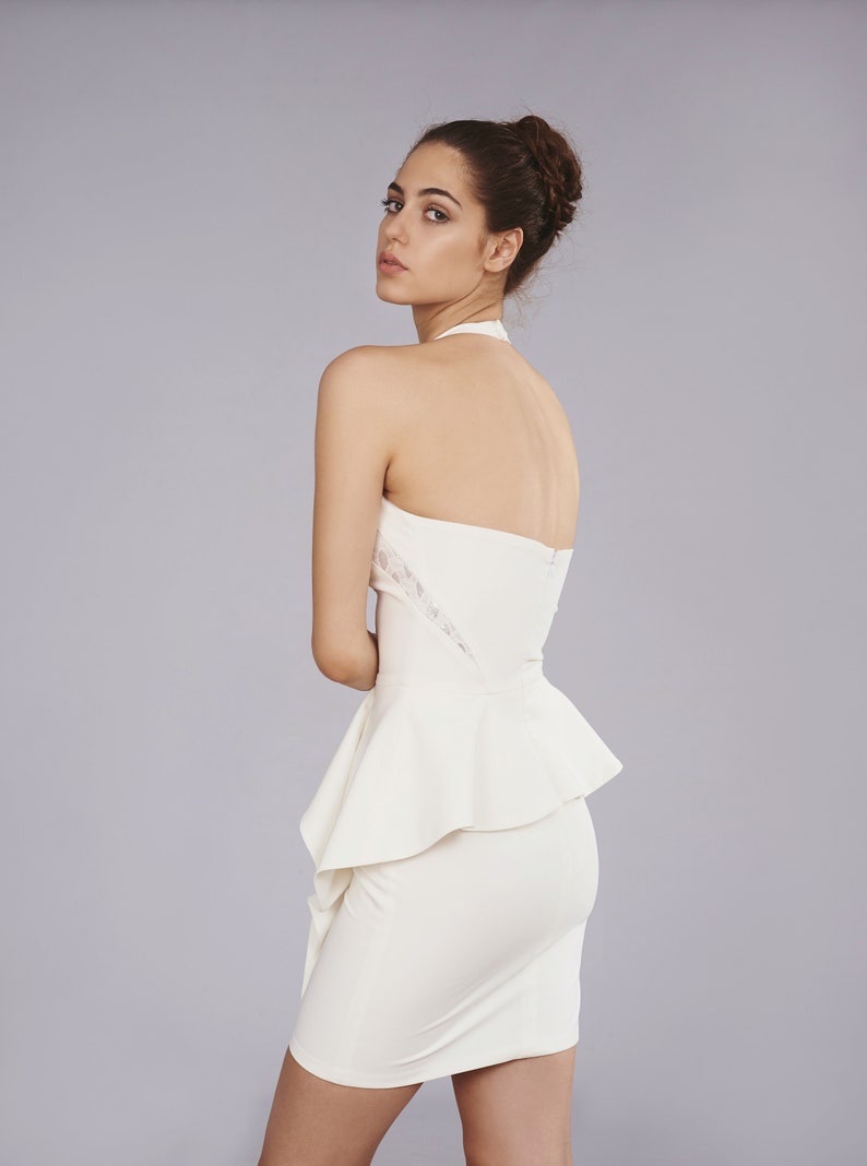 SAMPLE SALE Short wedding dress with layered peplum and silver elements, White Party dress, Short Open back wedding dress, Cocktail dress image 5