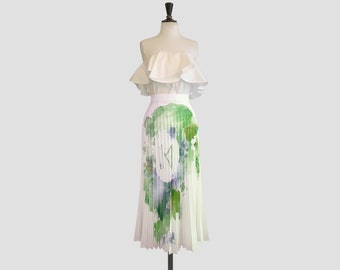 PLEATED SKIRT with GREEN Watercolor Print. Cirkle Midi Skirt. White Midi skirt. Custom Soleil Skirt. Full Logo Skirt. Custom Aquarel print.