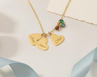 Ahgmeside Personalized Birthstone Necklace For Women - Custom Heart Pendant Necklace With Names For Mom Gifts For Mother Day Grandma Birthday Anniversary
