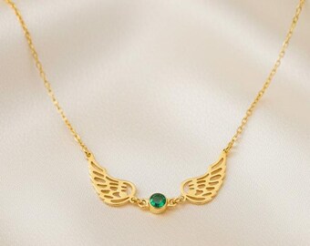 Sterling Silver Guardian Angel Wing Necklace, Custom Birthstone, Memorial Jewelry
