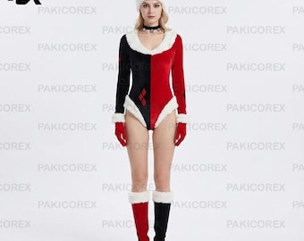 Harley-Style Red/Black Velvet Cosplay Bodysuit with Soft Fur Trim