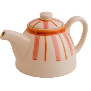 May include: Cream-coloured ceramic teapot with a lid and handle. The teapot is decorated with vertical pink and orange stripes. The lid has a small knob. The spout is on the left side.