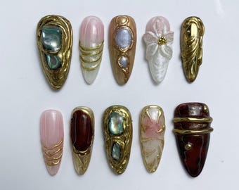 Luxus Gold Drücken Sie auf die Nägel | Barocke falsche Nägel | Galaxie Kristall Drücken Sie auf die Nägel | 3D Edelstein Rock Fake Nägel | Gold Metall Akzent Nailart
