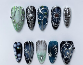 Luxury Cyber Gothic Press On Nails | Silver Chrome Alien Fantasy 3D  Almond Nails shape | Handmade Green Black False Nails | Galaxy Nail Art