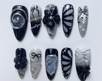 Uñas postizas góticas negras / Diseño 3D de lazo, flor y alas de mariposa / Uñas postizas góticas largas almendradas / Uñas oscuras, uñas plateadas, uñas cromadas 3D