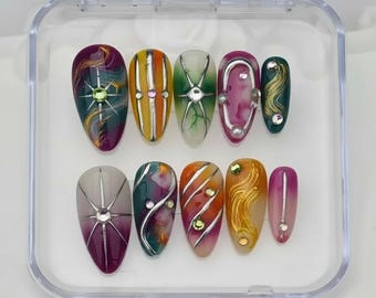 Y2K Punk Style Press On Nails | 3D Silver Chrome Gem Swirl Art | Handmade Custom Long Almond Colorful Nails | Holiday nails Gift