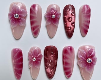 Luxury Pink Red Press On Nails – 3D Floral Bridal Nails with Rhinestones, Long Almond Elegant Summer Holiday Nails