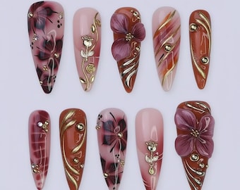 Autumn Burgundy 3D Floral Press On Nails | Gold Line Long Almond Nails | Handmade Luxury Fall Nail Art for Elegant Look & Party