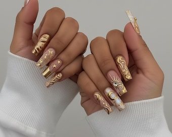 Luxury Gold Celestial Press On Nails | 3D Sun Moon Star Chrome Swirl | Handmade Long Square Wedding Fake Nails | Boho Gift