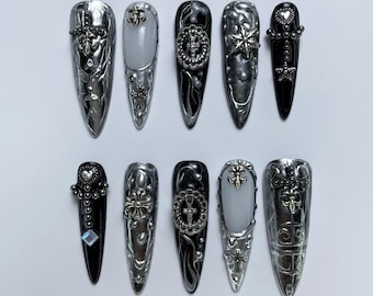 Gothic Chrome Press on Nails, Handmade 3D Gothic Cross Stiletto Nails, Black & Silver Acrylic Nails, Punk Metallic Silver Reusable Nails