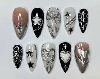 Luxury Gothic Black Silver Press On Nails | 3D Chrome Star Moon Heart Cross Art | Handmade Y2K Short Almond Punk Fake Nails Gif