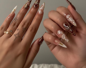 Luxury Burgundy Dark Red Press On Nails | Gold Baroque Lace Pearl Art | Handmade Long Stiletto Gothic Fake Nails | Elegant Gift Nails