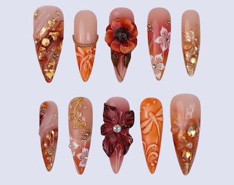 Autumn Press On Nails with 3D Floral & Gold Foil Accents | Long Almond Burnt Orange Ombre Nails | Handmade Fall Nail Art for Elegant Looks