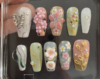 Butterfly Pink Flower Press On Nails | 3D Sage Green Floral Garden Art | Handmade Long Coffin Fairycore Fake Nails | Spring nails