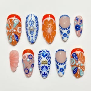 3D Orange Fruit Press On Nails | Blue Mediterranean Tile Art | Summer Citrus Almond Fake Nails | Tropical Holiday Vacation Nails
