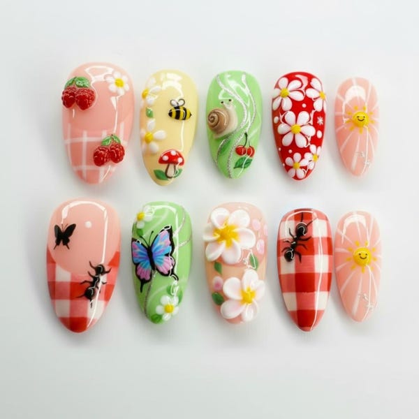Summer Picnic Press On Nails | 3D Raspberry Ant Snail | Pink Red Gingham Garden | Cute Bee Mushroom Almond Fake Nails Gift