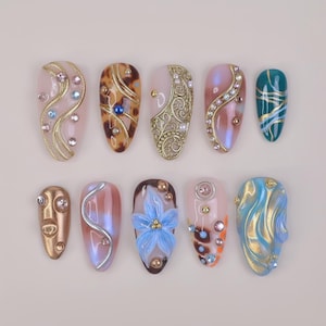 Blue & Gold 3D Press On Nails – Marble Chrome Nail Art with Flower | Medium Almond Shape Elegant Baroque Nails for Party Vacation Y2K Style