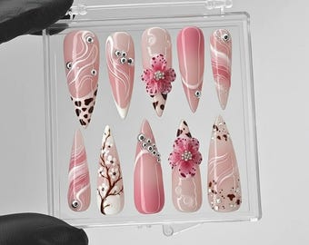 Pink Leopard 3D Flower Press On Nails | Stiletto French Tip Swirl | Hand Painted Floral Rhinestone | Y2K Gyaru Fake Nails Gift