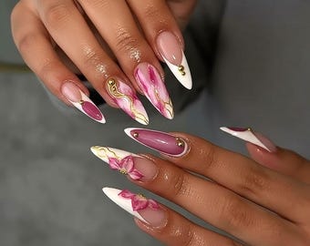 Elegant Pink Orchid Press On Nails | 3D Floral White French Tip Art | Handmade Long Stiletto Wedding Fake Nails | Gold Swirl Gift