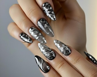 Mystery Black Silver Cat Eye Press On Nails | Celestial Moon Chrome Swirl Art | Gothic Witchy Handmade Almond Fake Nails | Y2K Gift