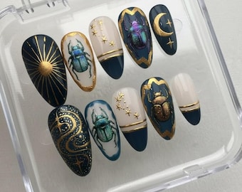 Handmade Scarab Beetle Press On Nails: Custom Gel Faux Acrylic | Egyptian Sun Moon | Dark Blue Gold Celestial Art | Luxury Almond Gift