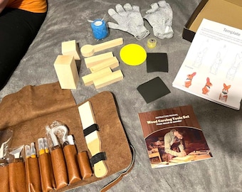 Wood Carving Kit with Storage Bag, 32pcs Wood Whittling Tools Set with Basswood Blocks, Templates & Carving Knives for Beginners