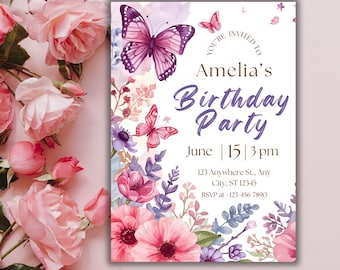 Butterfly Birthday Invitation: Pink Floral Girl Party, Editable Canva Template (Digital Download)