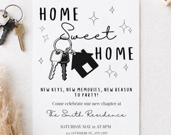 Modello di invito "Home Sweet Home", festa di inaugurazione della casa minimalista, modificabile su Canva (5x7 e A6) (download digitale)