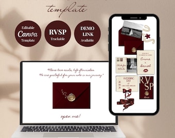 May include: A wedding website template displayed on a laptop and smartphone. The design features burgundy accents, gold wax seals, and the text "WEDDING WEBSITE template." Includes "Editable Canva Template," "RSVP Trackable," and "Demo Link Available."