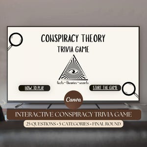 Op de afbeelding: Een digitaal trivia-spel weergegeven op een televisiescherm met de titel Conspiracy Theory Trivia Game. Het scherm bevat een centrale afbeelding van een oog in een driehoek, knoppen met How to Play en Start the Game, en tekst met 25 questions, 5 categories, final round.
