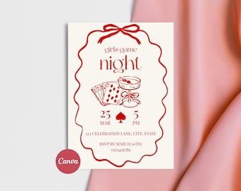 May include: Cream-colored invitation with red text and illustrations for a girls' game night. The design includes a decorative border, playing cards, a cocktail, and the date, March 25th, at 5 PM. The invitation also includes an RSVP date and contact information.