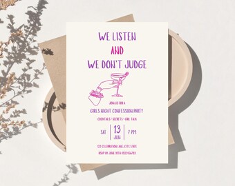 Wir hören zu und urteilen nicht Girls Night Einladung, Geständnis Party einladen, Canva Vorlage