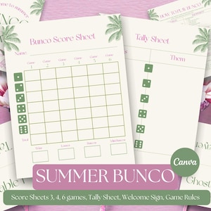 May include: A set of printable Bunco game materials featuring a score sheet, tally sheet, welcome sign, and table markers. The documents have a cream background with green palm tree illustrations, pink text, and green dice icons for game tracking.