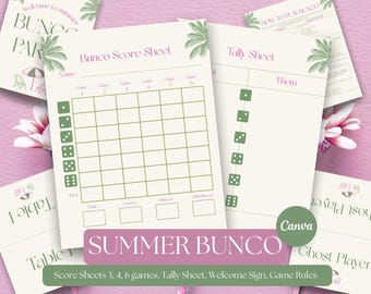 Palm Springs Summer Bunco Bundle, bearbeitbare Canva Bunco Printables, Score Sheets, Tischkarten