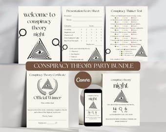 Verschwörungstheory Party Bundle, Mystery Game Night Kit, bearbeitbare Canva-Vorlagen, Einladung, Score Sheet