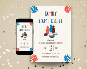 Family Game Night Invitation, Board Games Party, Family Gathering, Canva Template