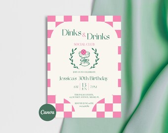 Dinks & Drinks Geburtstagseinladung, Pickleball Party Einladung, Preppy Pink Social Club Canva Vorlage