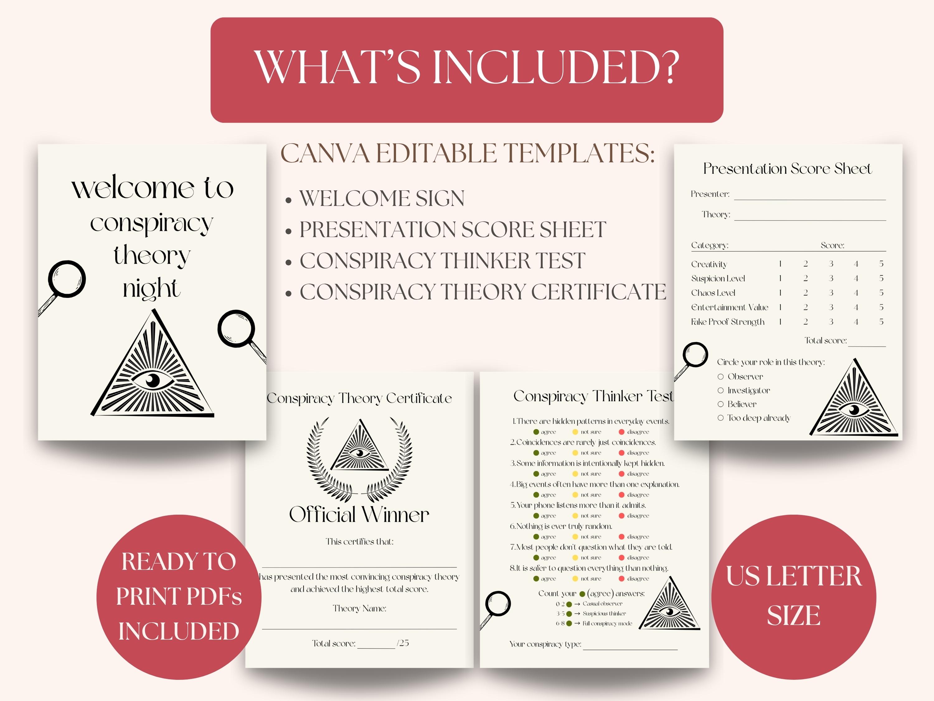 Conspiracy Theory Party Bundle, Mystery Game Night Kit, Editable Canva ...