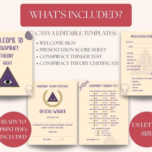 Pu&ograve; includere: Una raccolta di modelli PDF stampabili per una serata a tema Teorie del Complotto, tra cui un cartello di benvenuto, un foglio di valutazione, un test del pensatore e un certificato. Il design presenta illustrazioni aliene, un occhio che vede tutto e del testo.