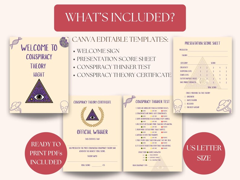 Pu&ograve; includere: Una raccolta di modelli PDF stampabili per una serata a tema Teorie del Complotto, tra cui un cartello di benvenuto, un foglio di valutazione, un test del pensatore e un certificato. Il design presenta illustrazioni aliene, un occhio che vede tutto e del testo.