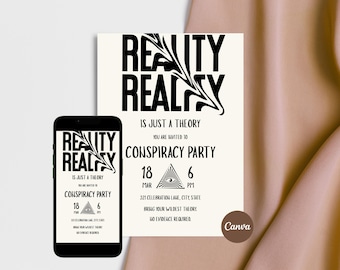 VerschwörungsTheory Party Einladung Vorlage, Illuminati Dark Humor Einladung, bearbeitbare Canva Digital Evite